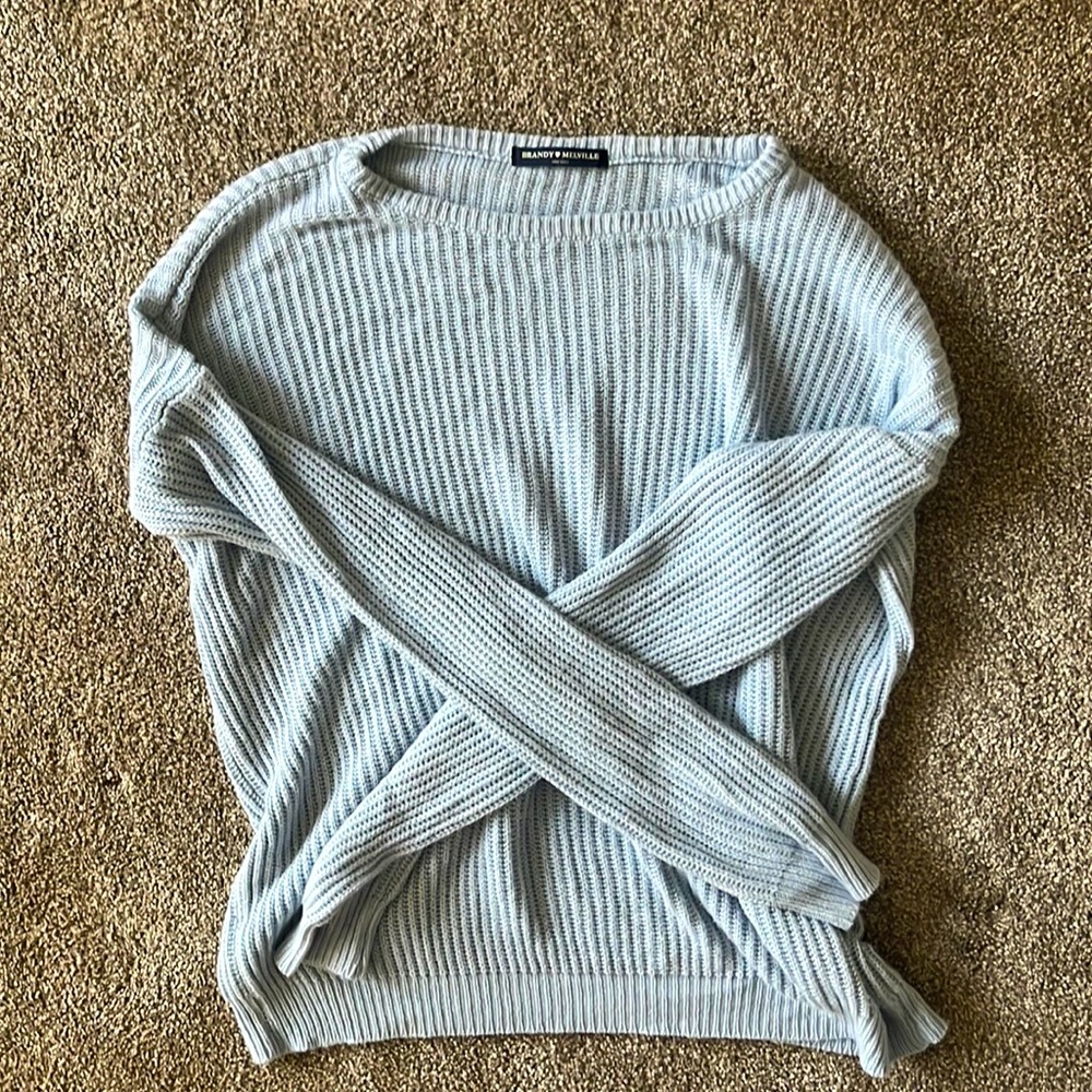 Brandy Melville Light Blue Knit Ollie Sweater Top Lightweight Soft Long Sleeve